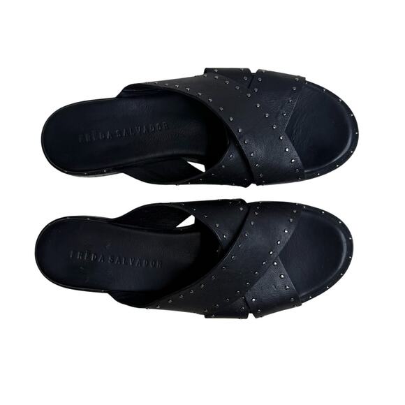 FREDA SALVADOR Women's 8 Dew Studded Criss Cross Leather Slide Sandals Black - Picture 1 of 12